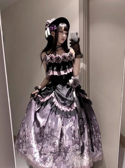 + with Lace Top Ruffled Classic Set Lolita Print Elegant Black Purple Floral Trim Skirt