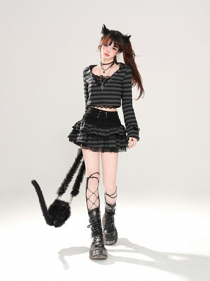 華やかなティアードスカート ブラックストライプ レーストリム レースアップウエスト