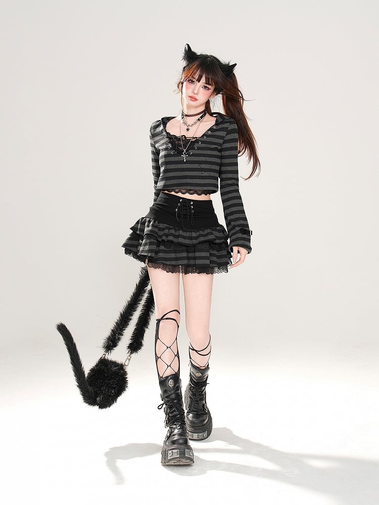 Top mit schwarzen Streifen Schnallenträger Ärmel Glamouröse Kapuze Kurz Detail Schnürung