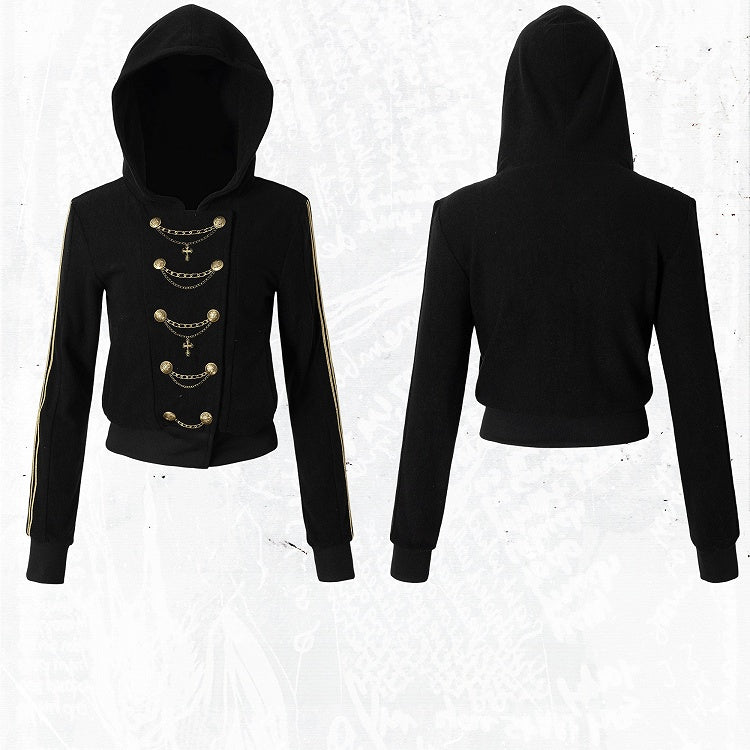 Black & Gold Double-Breasted Hooded Jacket with Chain Embroidery Details, Punk Fashion - NO ROMANCE