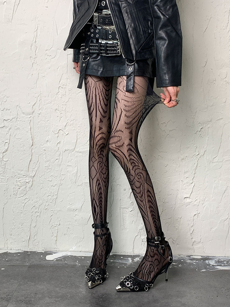 Dark Gothic Black Y2K Irregular Design Openwork Tights