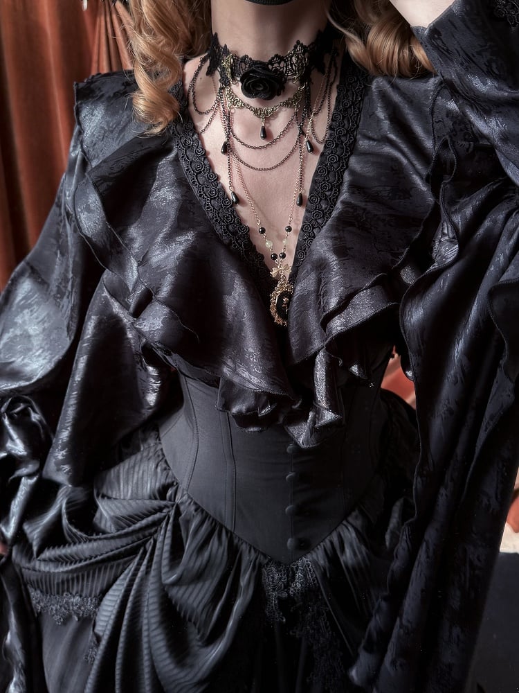 Black Structured Ruffles V-neck Gothic Lolita Long Sleeves Shirt