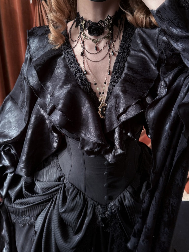 Structured Shirt V-neck Black Gothic Ruffles Long Sleeves Lolita
