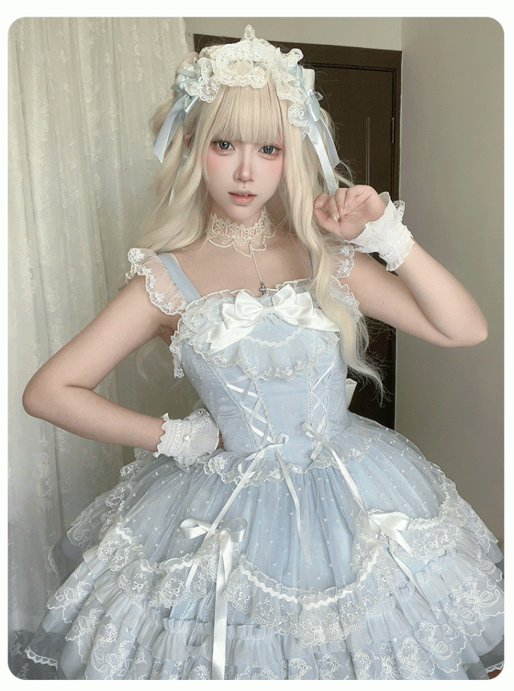 Jumper Detachable Sleeves Skirt Sweet Lolita Dress Flutter with Big Blue Lace-up Bodice High Waist Bow