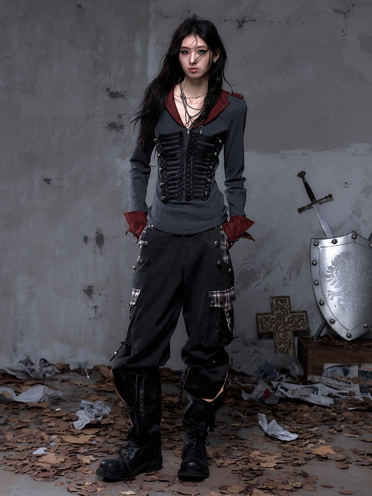 Black Knit with Suede Gray Vintage Punk Red Epaulets Knight Top Braid