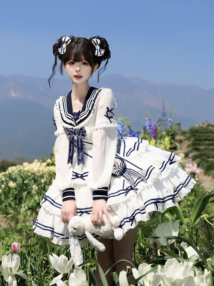 Ärmel Matrosenkragen Weiß mit Sommerkleid Kurz Abnehmbar Lolita