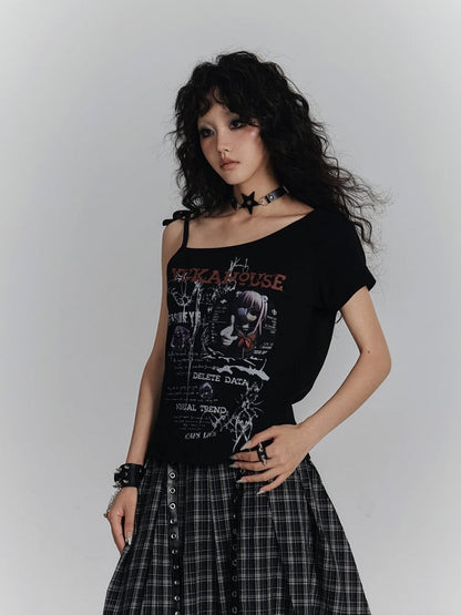 T-shirt Punk avec imprimé à nouer, asymétrique, noir, motif anime