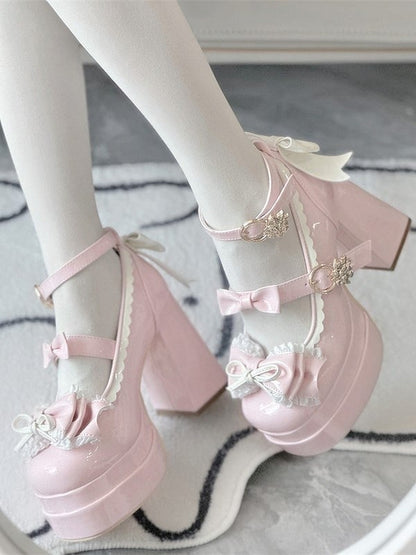 Details Mary PU with High-heel Shoes Elegant 11cm Light Lolita Jane Bow Pink