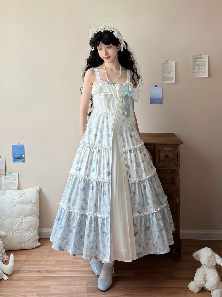 Blaues Lolita-Muschelkleid mit weißem Meeresdruck und Seesternen