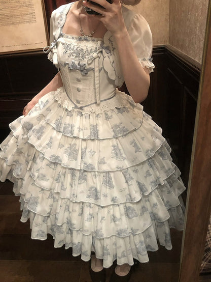 Blue & White Floral Print Lolita JSK with Bow Embellishments - CEL