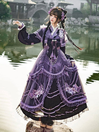 Floral Crossover Dress Neck Black Overdress Purple + Lolita Skirt Han Print Tulle