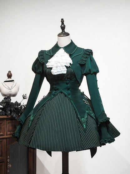 Slytherin Green Striped Pattern Lolita Dress + Waistcoat + Cropped Top Full Set