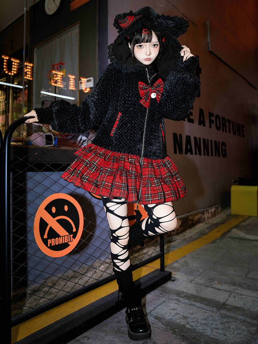 Black Kitty Ears Hooded Plush Jacket Bodice and Red Plaid Skirt Hem Zip Placket Dress
