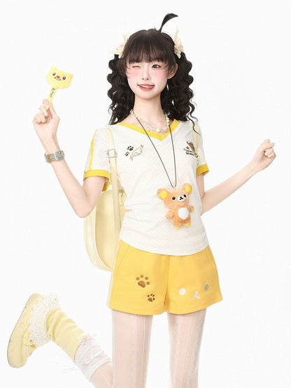 Yellow Polka Dot Tee with Bear Embroidery and Doll Necklace - Languid Park