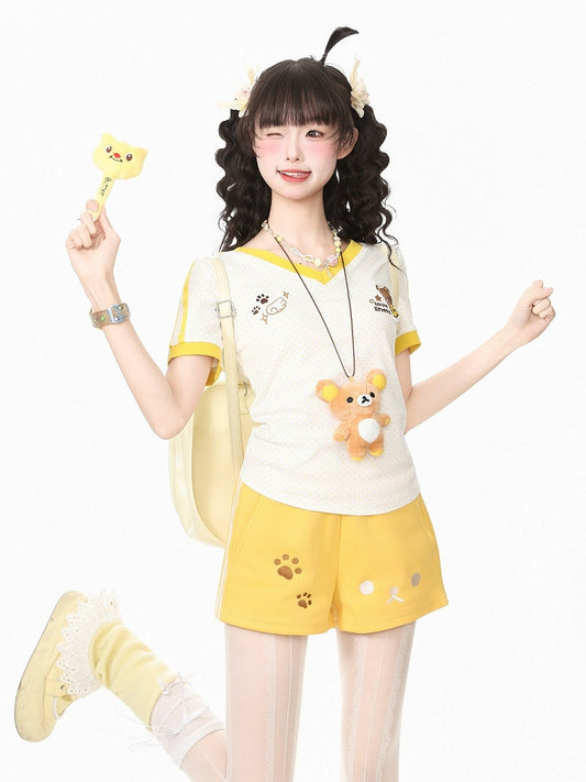Yellow Polka Dot Tee with Bear Embroidery and Doll Necklace - Languid Park