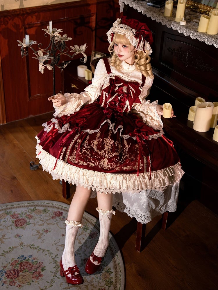 / Kleid Rot Lolita Dekoration JSK Schleifen Samt Stickerei Kerze