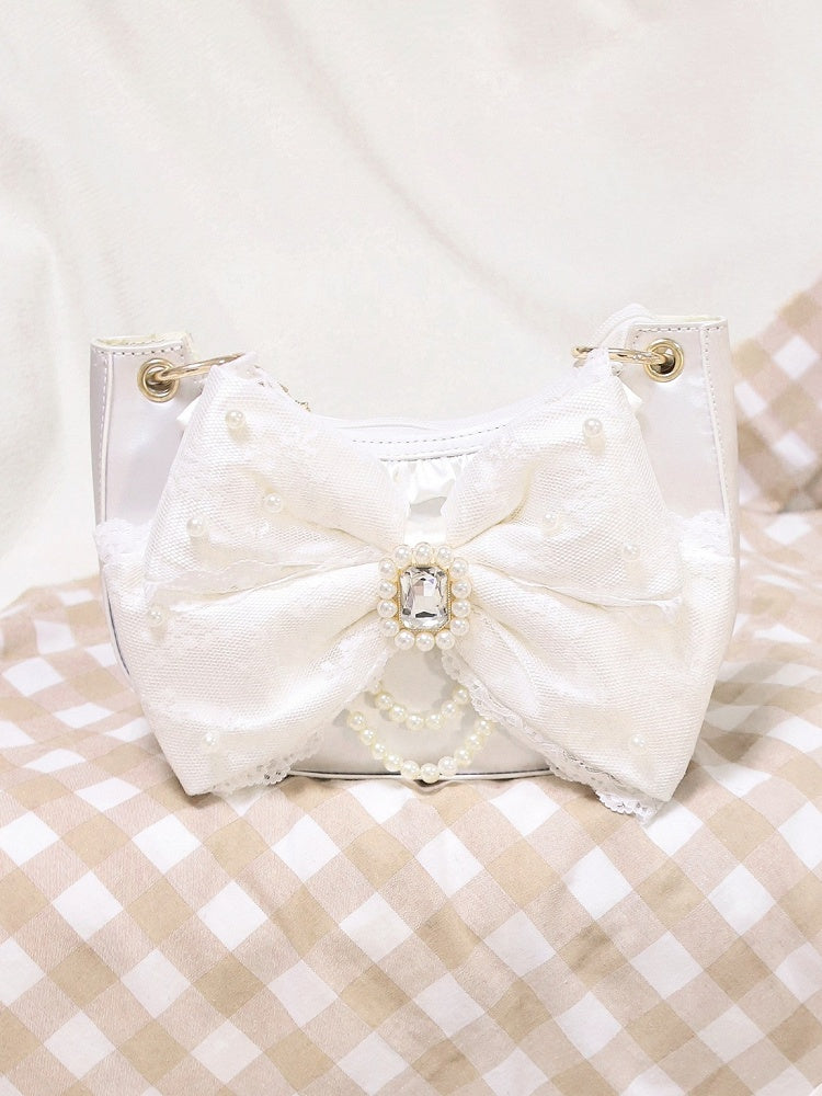 Sweet Lolita Satin Shoulder Bag with Sparkling Beaded Bow - Sheep Puff Bag