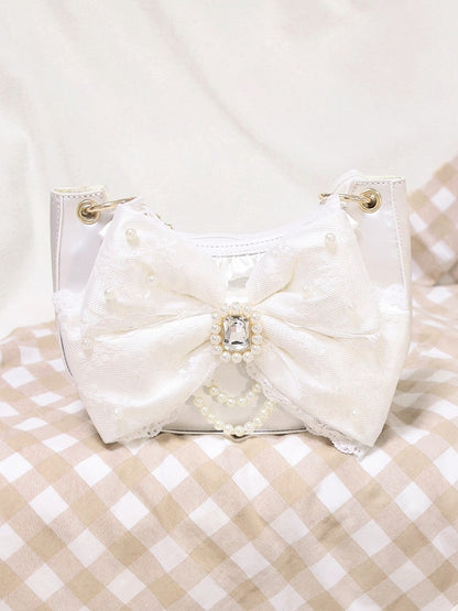 Sweet Lolita Satin Shoulder Bag with Sparkling Beaded Bow - Sheep Puff Bag