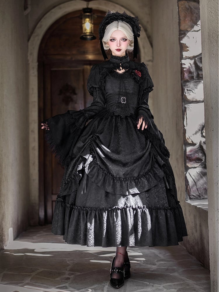 Lolita Drapery Bolero Top Waist + Black Corset Drawstring Brooch Gothic Long Skirt