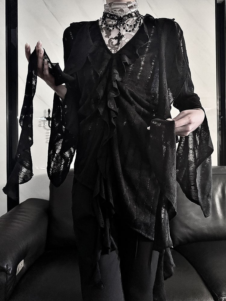 Gothic Noir V-Neck Blouse with Sheer Cutouts & Frilled Cuffs - Aont
