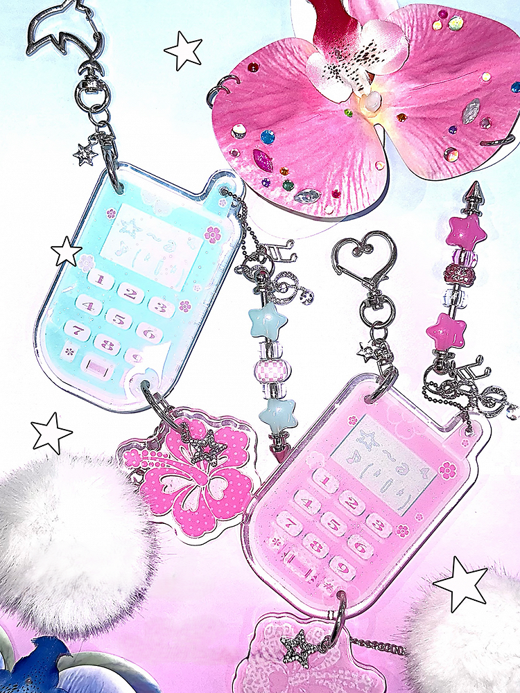 with Glitter Charm Pink Hibiscus Pom-Pon Resin Keychain Phone