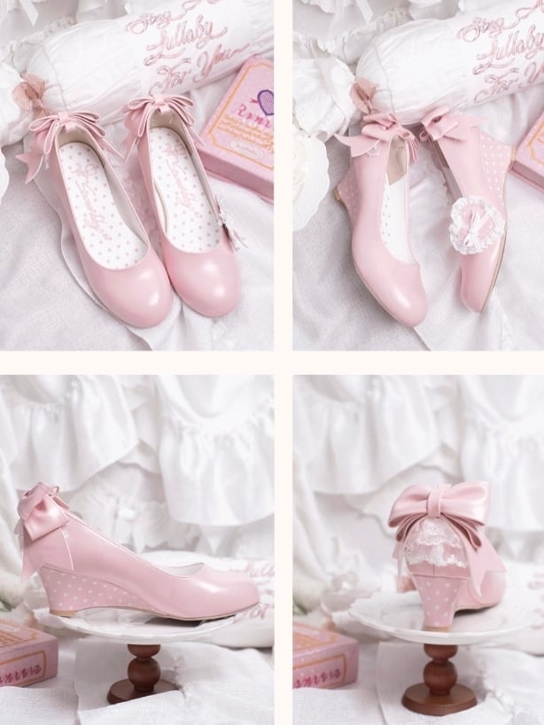 - Janes Heart Wedge Detachable Pink Mary Sweet PU Trimmed Lace Lolita