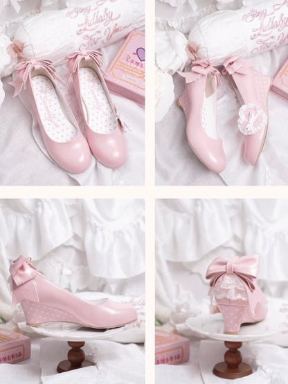 - Janes Heart Wedge Detachable Pink Mary Sweet PU Trimmed Lace Lolita