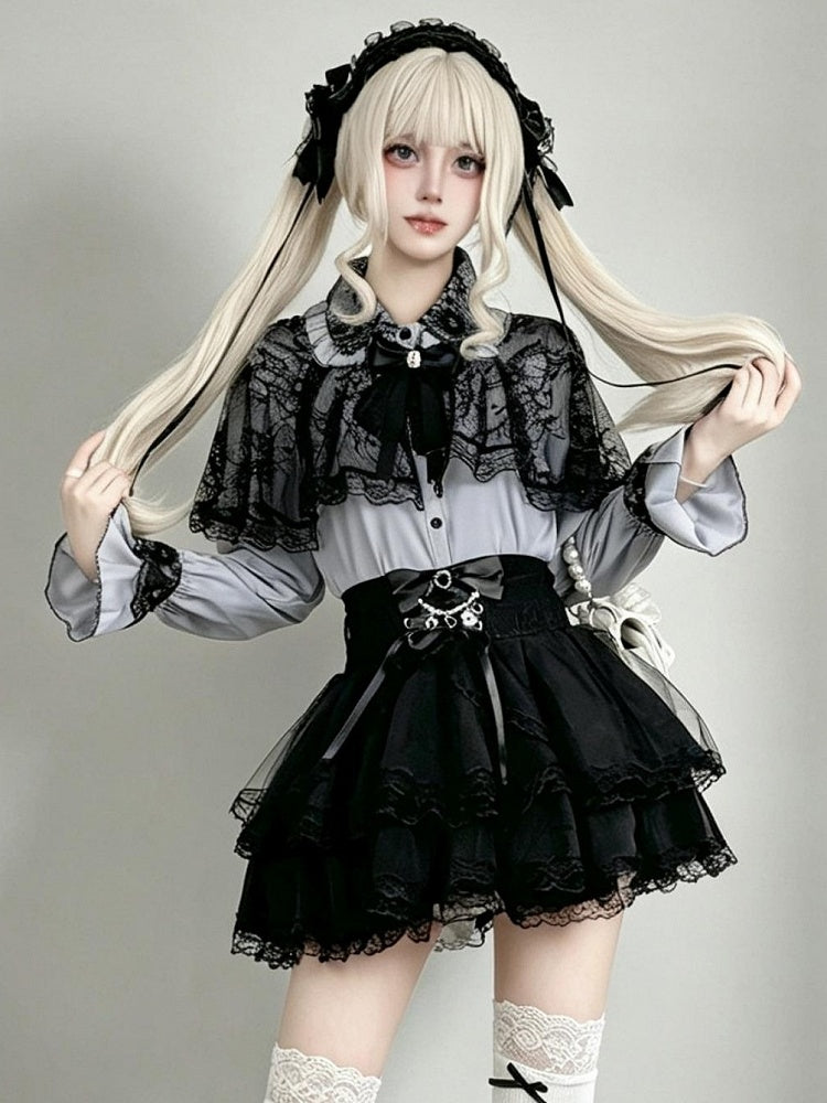 Midnight Blue Lace-Cape Blouse with Long Sleeves - AMAHAKAWA