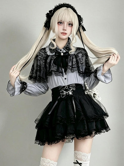 Midnight Blue Lace-Cape Blouse with Long Sleeves - AMAHAKAWA