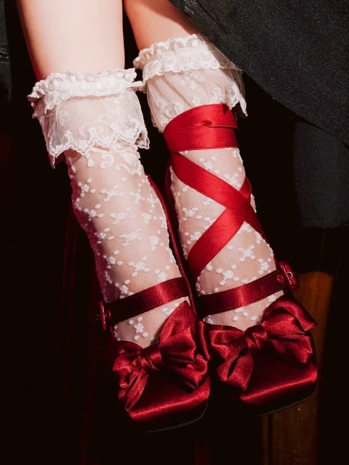 Bow Red Toe Wine Ankle Middle Heels Lace-up Lolita at Top - Elegant Square