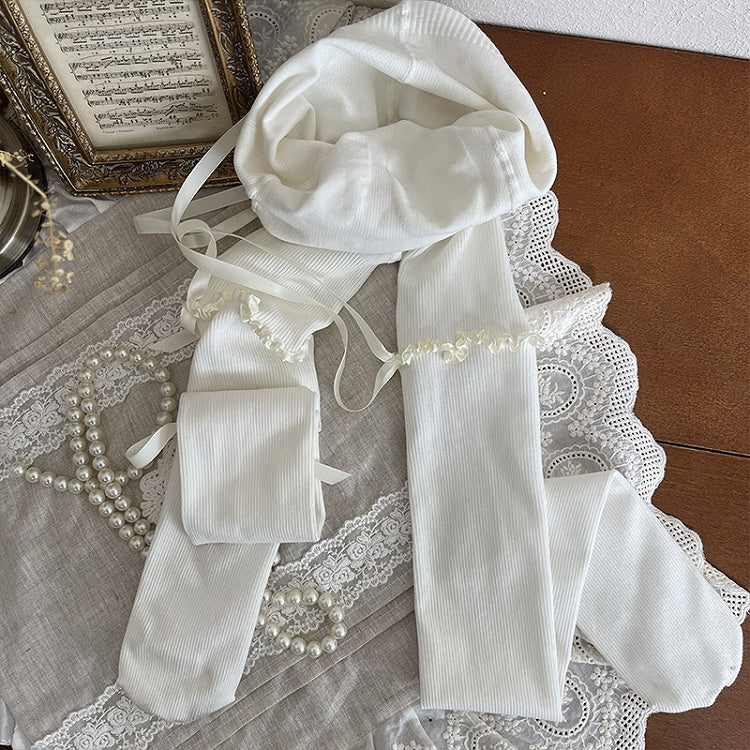 Vertical White with Strip Pattern Lace Bowknot Trim and Apricot/Pink/Blue Striped Tights