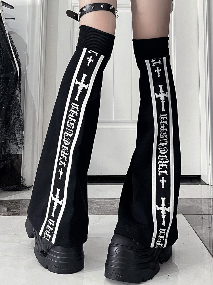 Black Text with Detail Stripe Warmers Cross Leg White Gothic