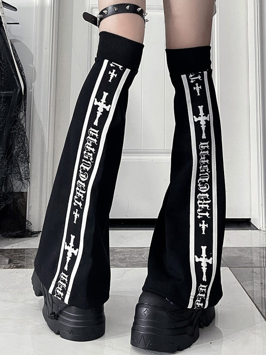Black Text with Detail Stripe Warmers Cross Leg White Gothic