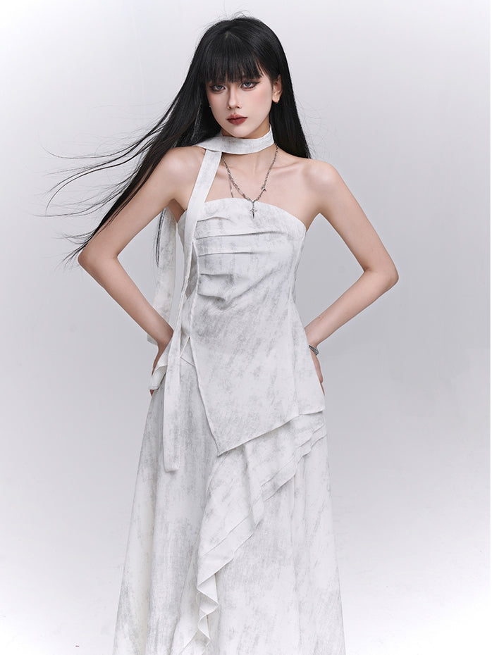 Off-white Side Strapless Top / Elastic Waist Scarf Slit with
