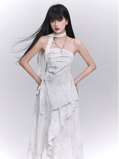 Off-white Side Strapless Top / Elastic Waist Scarf Slit with