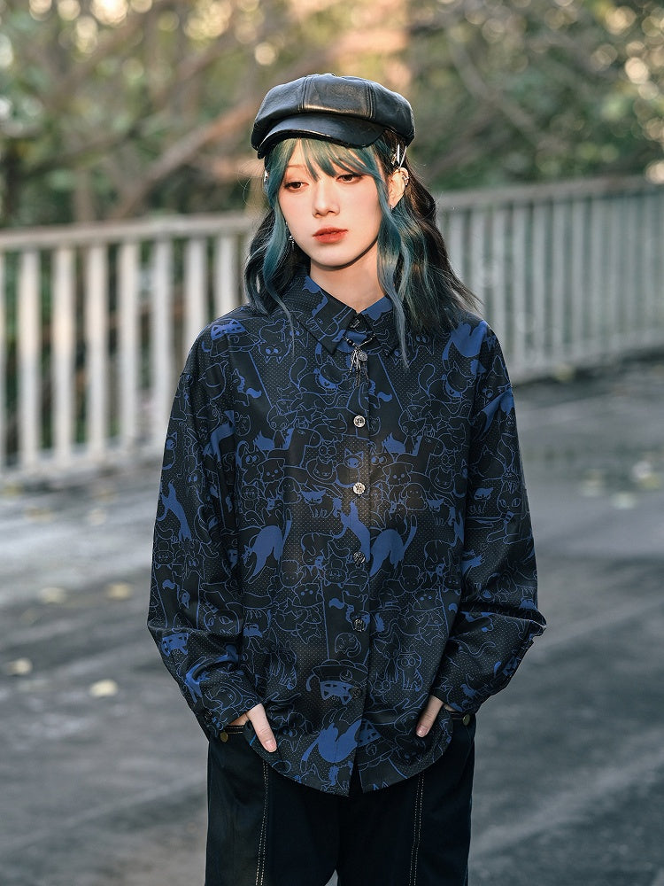Kitty Print Black Long-Sleeve Shirt with Shell Buttons - Quirky Hut