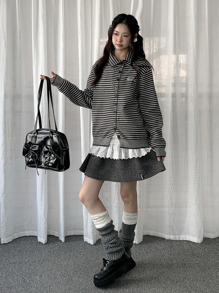 Black White Striped Asymmetrical Cardigan - Solkatt