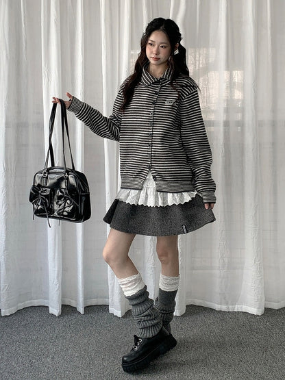 Black White Striped Asymmetrical Cardigan - Solkatt