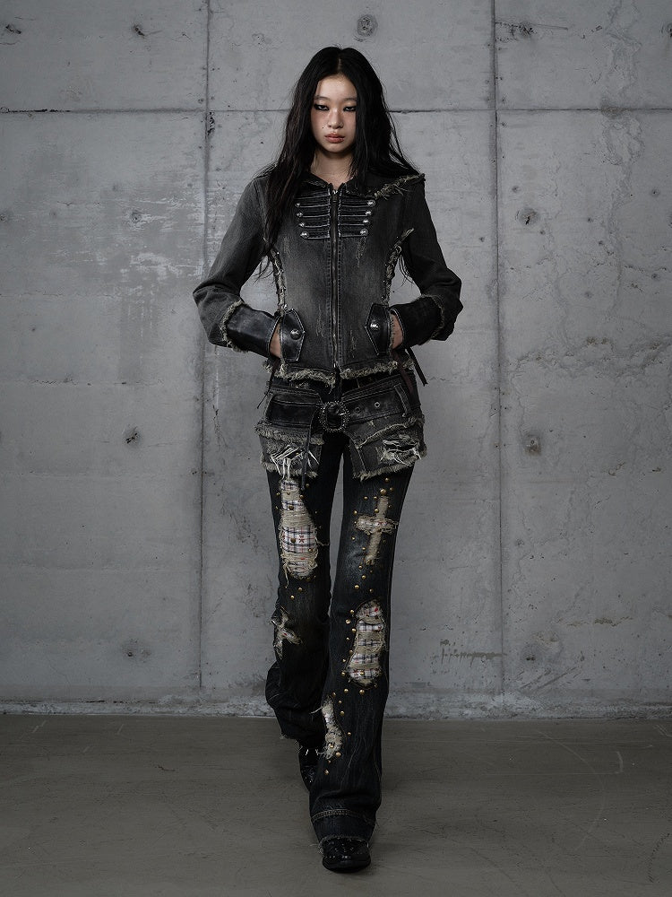 Hooded Detachable Gray Dark Hem Finish with Denim Distressed Jacket Corduroy