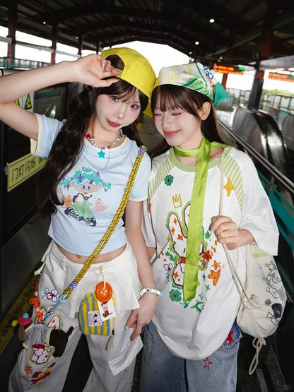 Tシャツ ホワイト ラウンドネック ゆったり 漫画 ウサギ プリント