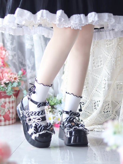 Platform Janes Sweet Decor Lolita Top Kitten Heart Print Buckle at Button  Bow Stripe Black - with Mary