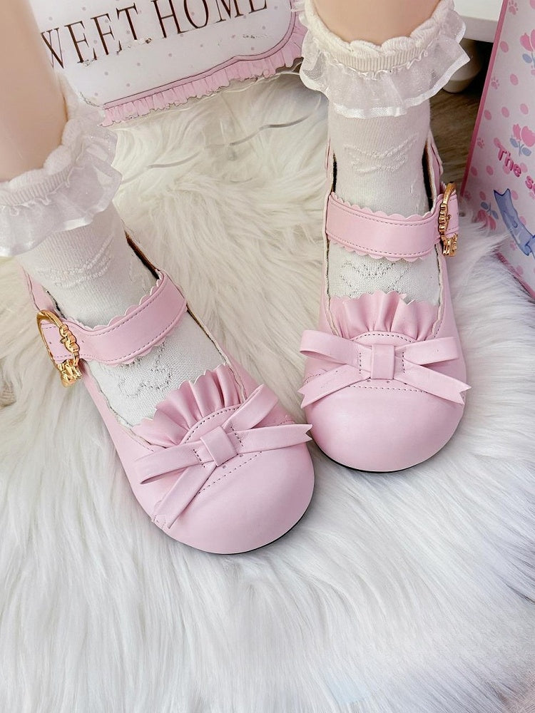 Janes Mary - Toe Lolita Pink with Mid Bow Heel PU Sweet Round