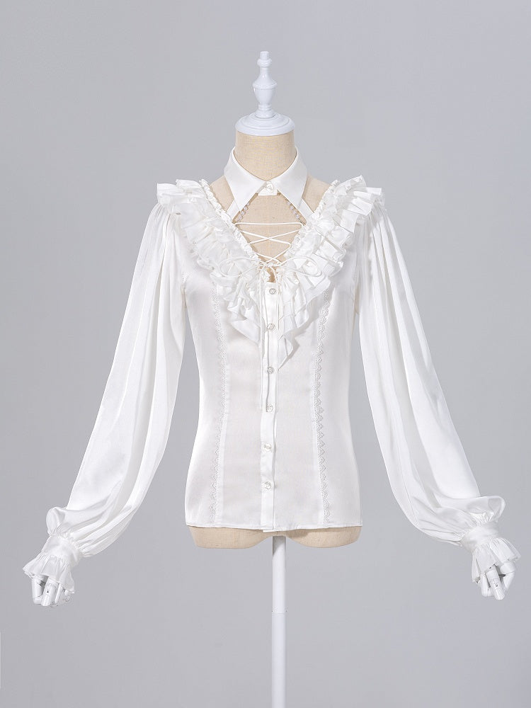 All White Cascading Ruffles V-neck Long Sleeves Backless Shirt with Bead Chains - DevilInspired Exclusive Collection