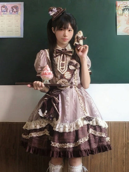 Chocolate Short Sleeve Lolita OP Dress with Lace - Lineall Cat
