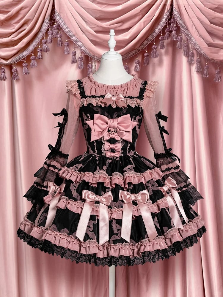 Accents Lolita Bow Blouse Pink Sleeves Black with Lace and Bell