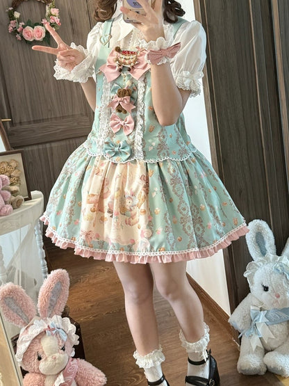 Mint Strawberry & Cake Print Adjustable-Strap Jumper Dress - Honey Village