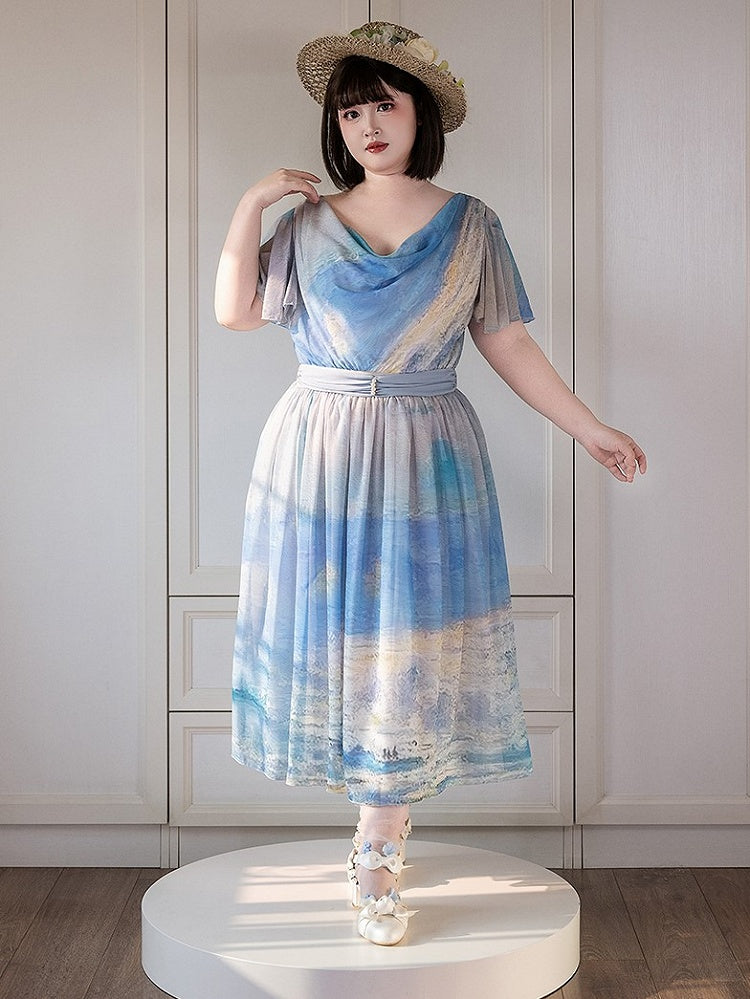 Blue Ocean Oil Painting Print Butterfly Sleeves Elegant Lolita Maxi Dress with Cowl Neckline