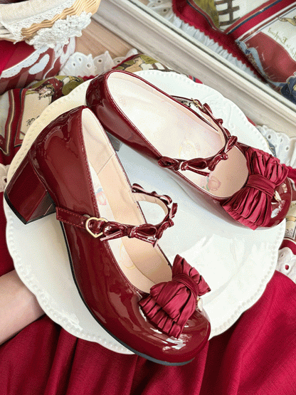 Round Red Buckle Wine Bow Accents PU Toe Mid Heels in Sweet Leather Heart