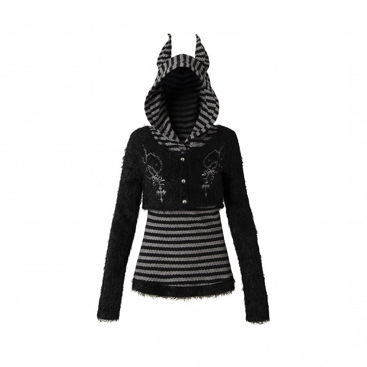 Layered-Look Black and Gray Striped Top with Doberman Ear