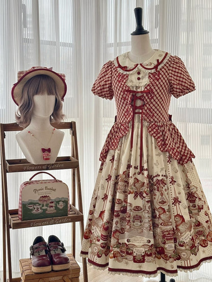 Pattern and Print Tinned Tomatoes Plaid Sleeve Red Country Lolita Short Dress